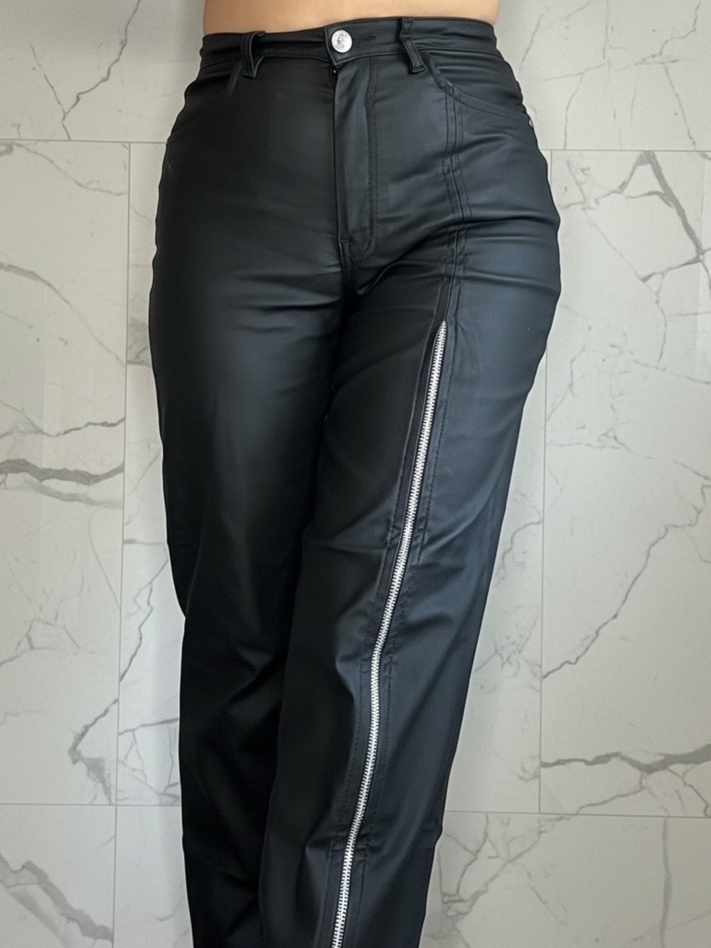 Black Faux Leather Pants with Side Zip Detail